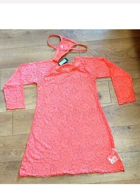 NWT Splash Coral Lace Nightdress with Matching Thong size 12